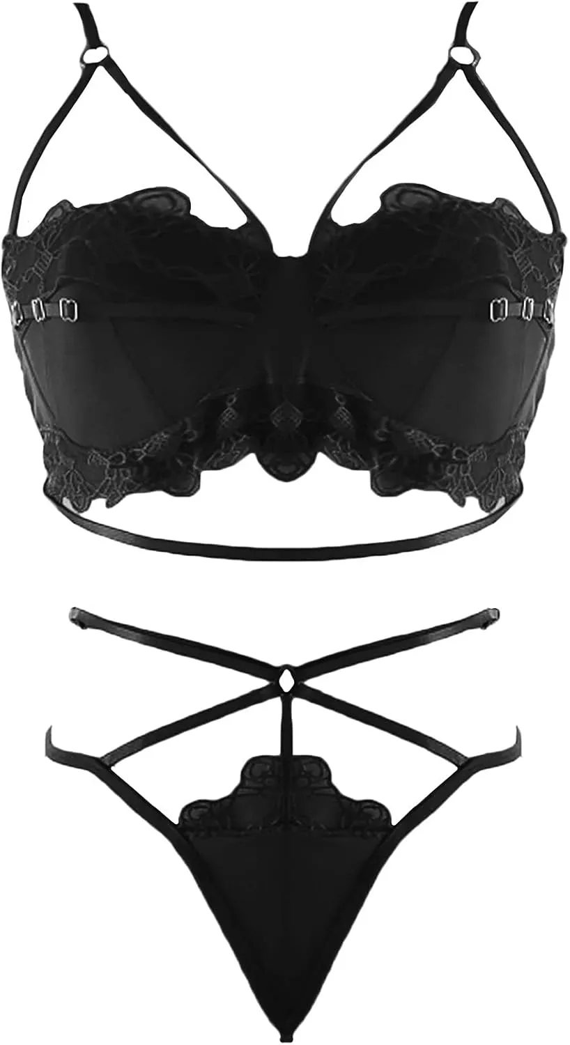2 Piece Women's Lace Bralette Strappy Lingerie Set Sexy Bra and Panty Set Mesh Babydoll Bodysuit Underwear Negligee Black