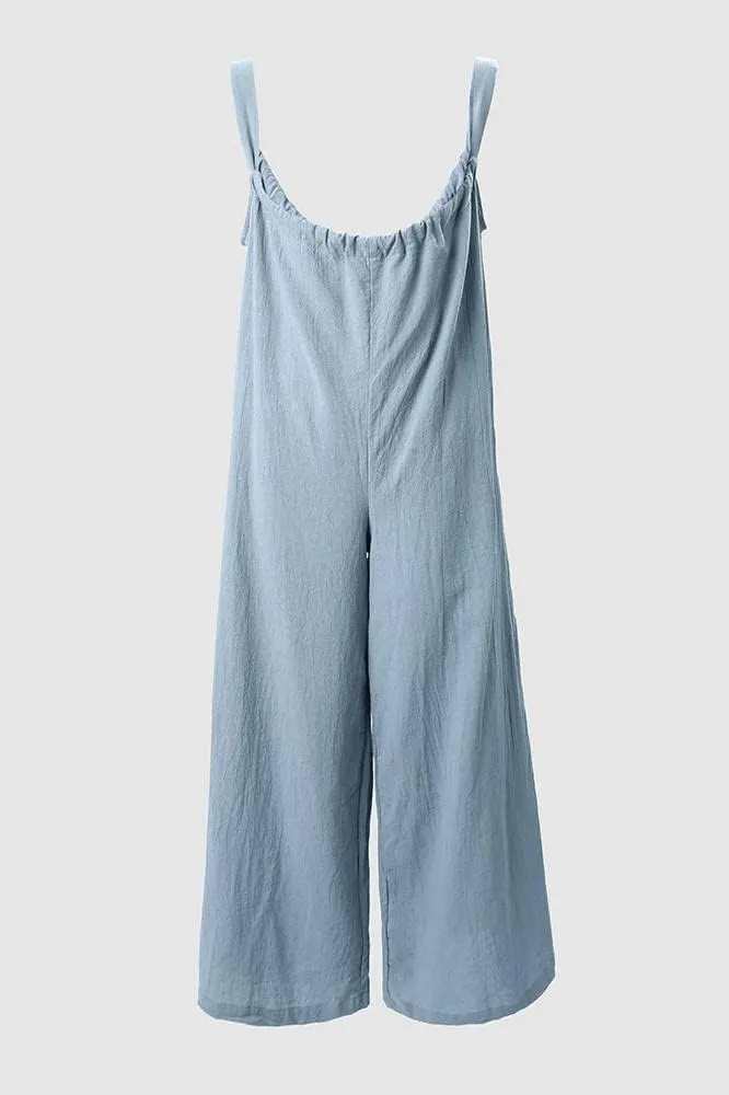 Akivide Cotton Linen Wide Leg Suspender Jumpsuits for Women Adjustable Strap Casual Comfy Baggy Overall with Pocket