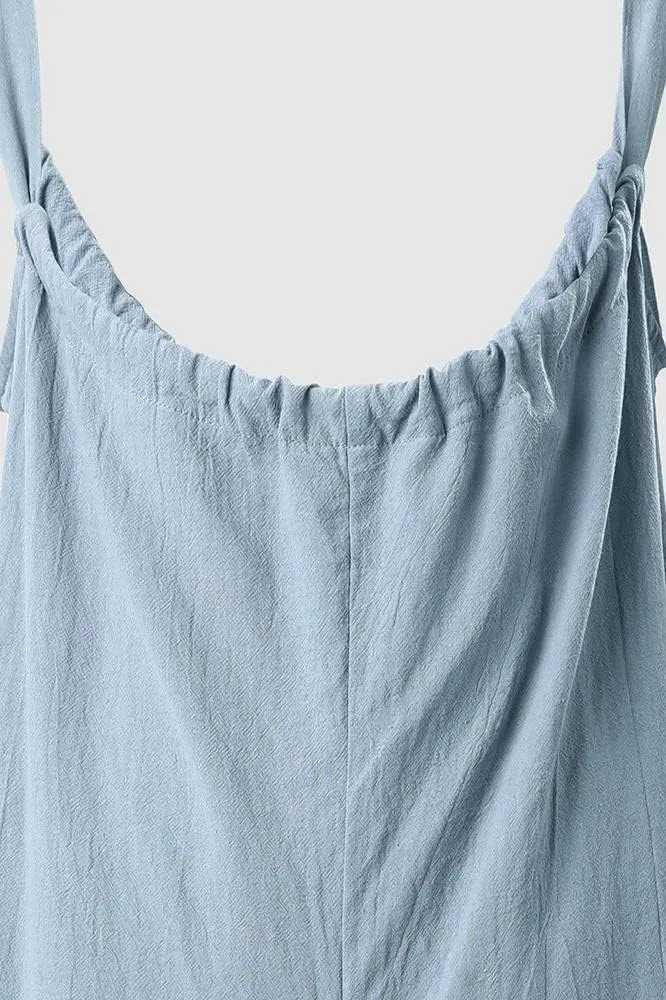 Akivide Cotton Linen Wide Leg Suspender Jumpsuits for Women Adjustable Strap Casual Comfy Baggy Overall with Pocket