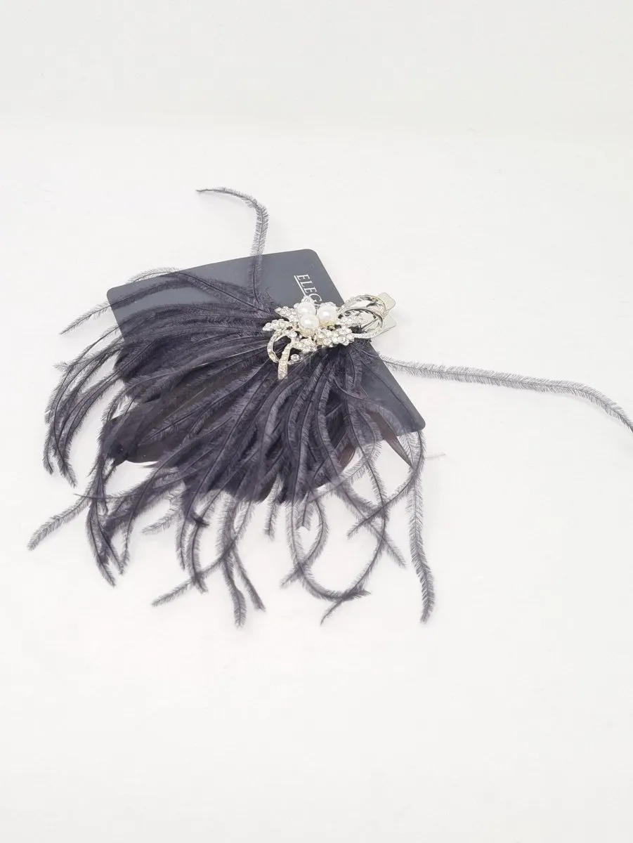 Amelia Slate Grey Crystal & Pearl Feather Hair Clip