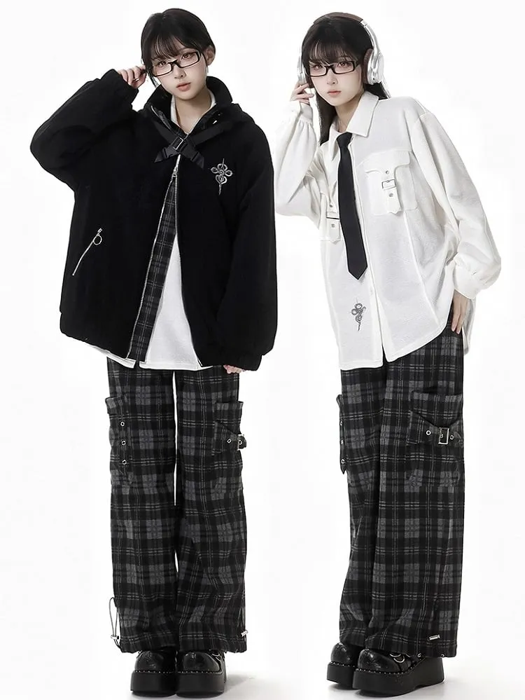 Black Cargo Pockets Plaid Pants