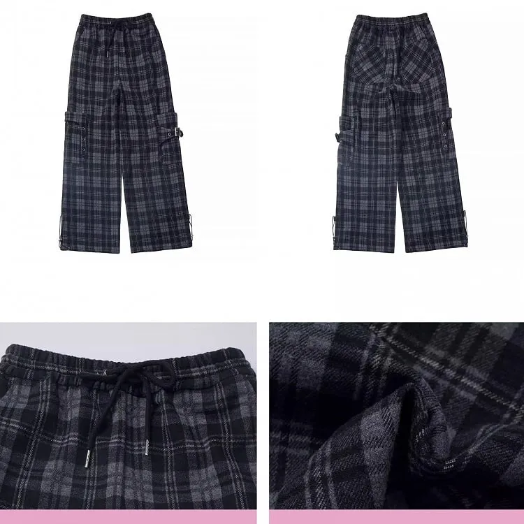 Black Cargo Pockets Plaid Pants