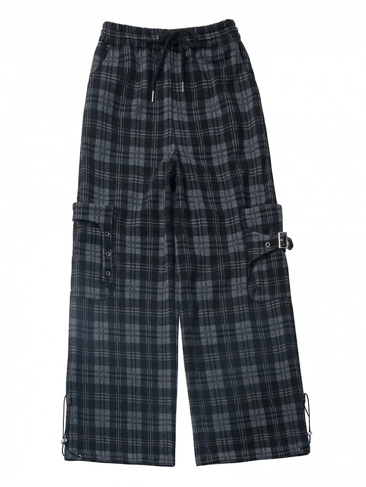Black Cargo Pockets Plaid Pants