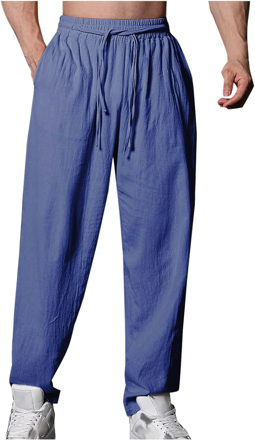 Cambkatl Cotton Linen Pants for Men Casual 2025 Summer Elastic Waist Drawstring Lightweight Loose Beach Travel Lounge Pants