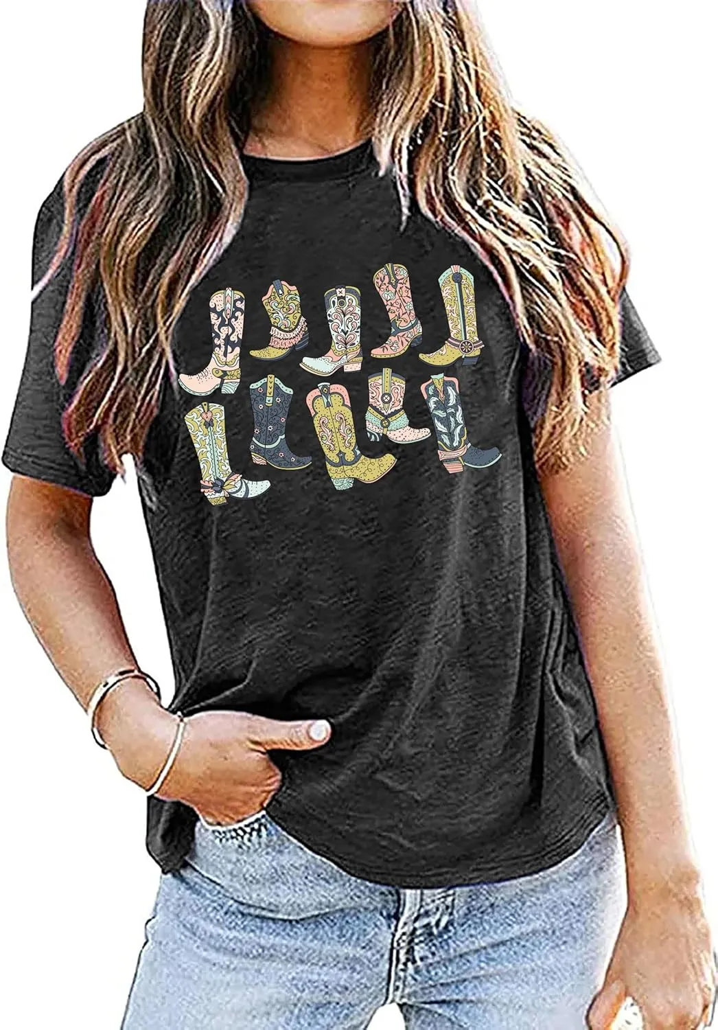 Cowboys Boots Shirts Women Long Live Western Vintage Cowgirl Graphic Tees Funny Letter Print Country Music Tshirt