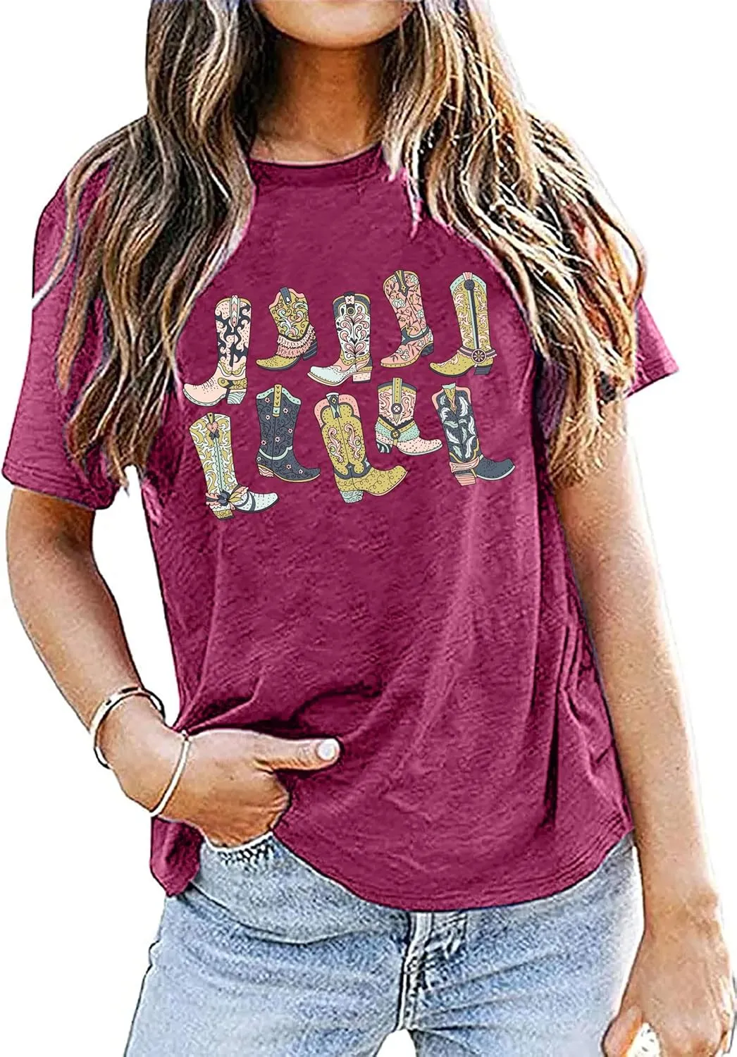 Cowboys Boots Shirts Women Long Live Western Vintage Cowgirl Graphic Tees Funny Letter Print Country Music Tshirt