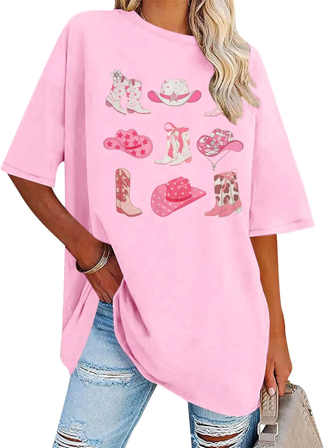 Cowgirl Pink Boots Shirt Women Oversized Cowgirl Country Music Shirts Women Western Shirts Cowboy Tee Tops