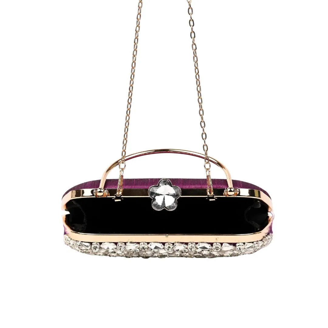 Feather Purple Crystal Embellished Party Clutch Bag