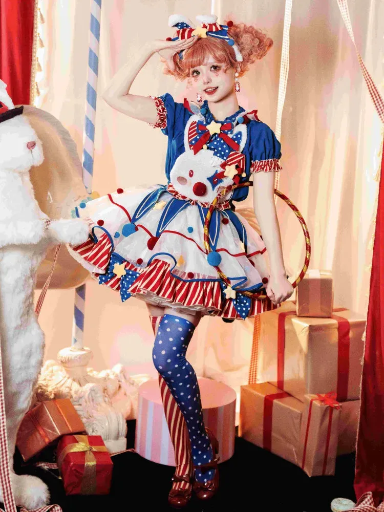 Fleece Clown Bunny Bodice Dark Blue and Red Circus Sweet Lolita Overalls Pastel Clowncore Dress