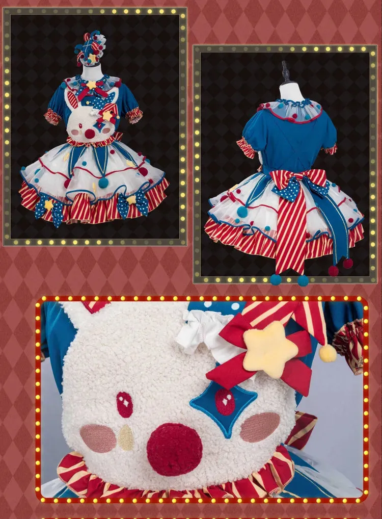 Fleece Clown Bunny Bodice Dark Blue and Red Circus Sweet Lolita Overalls Pastel Clowncore Dress