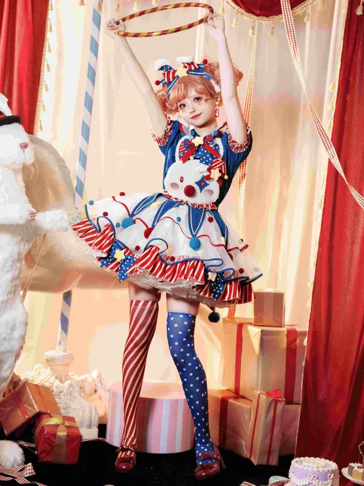 Fleece Clown Bunny Bodice Dark Blue and Red Circus Sweet Lolita Overalls Pastel Clowncore Dress