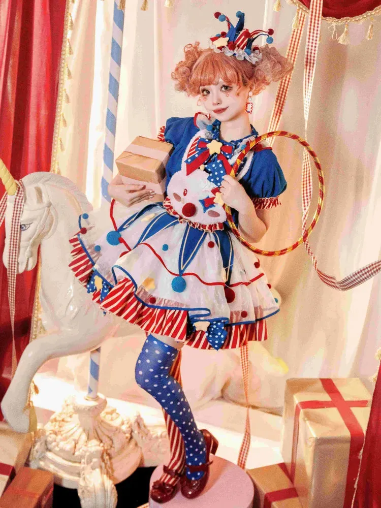 Fleece Clown Bunny Bodice Dark Blue and Red Circus Sweet Lolita Overalls Pastel Clowncore Dress
