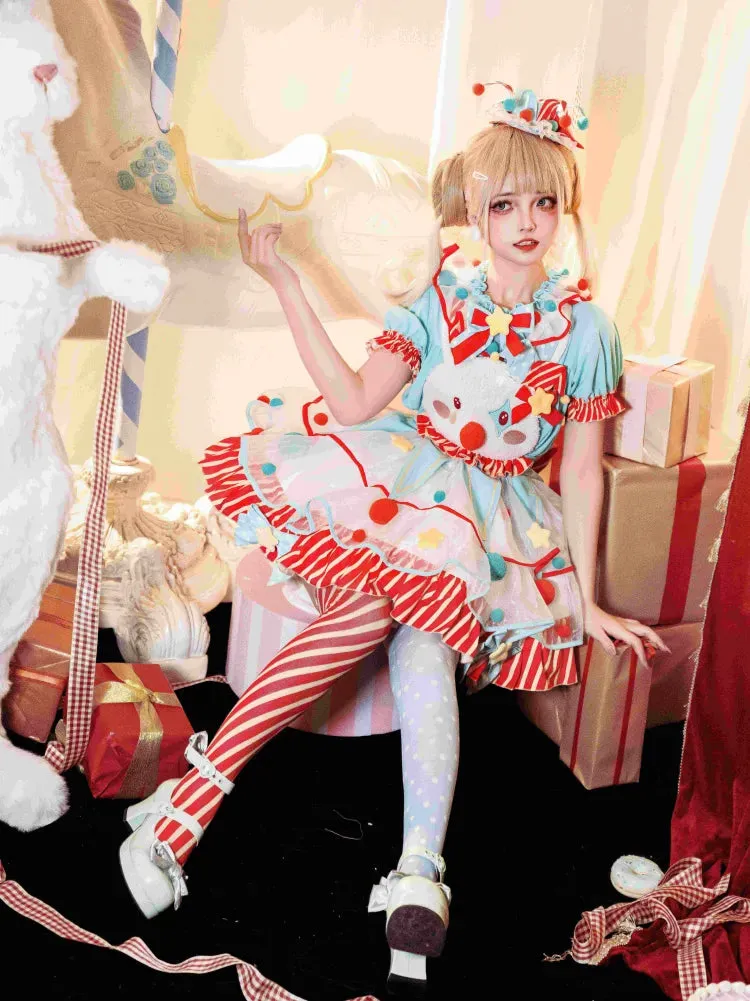 Fleece Clown Bunny Bodice Green and Orange Circus Sweet Lolita Overalls Pastel Clowncore Dress