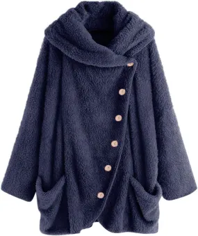 Fleece Jacket Women Button Hem Plus Size Hoodie Top Sweater Blouse Oversized Fluffy Outerwear para Coats