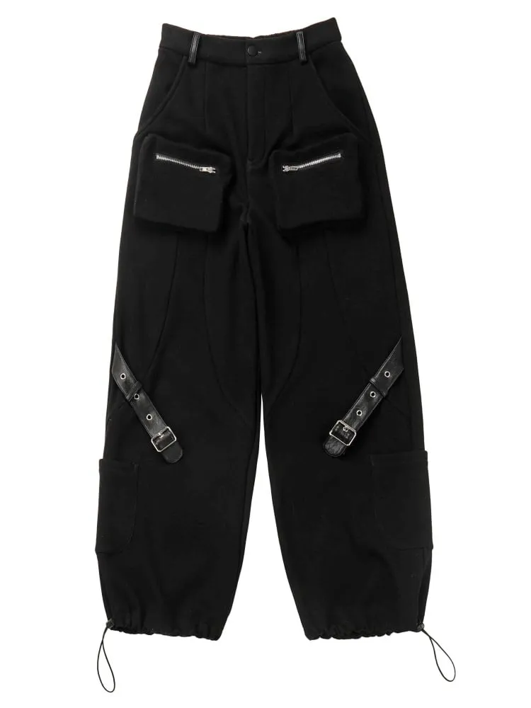Gothic Black Buckles Cargo Pants with Drawstring Cuff