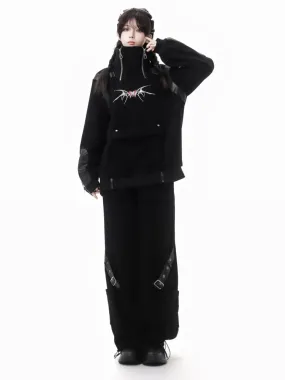 Gothic Black Buckles Cargo Pants with Drawstring Cuff