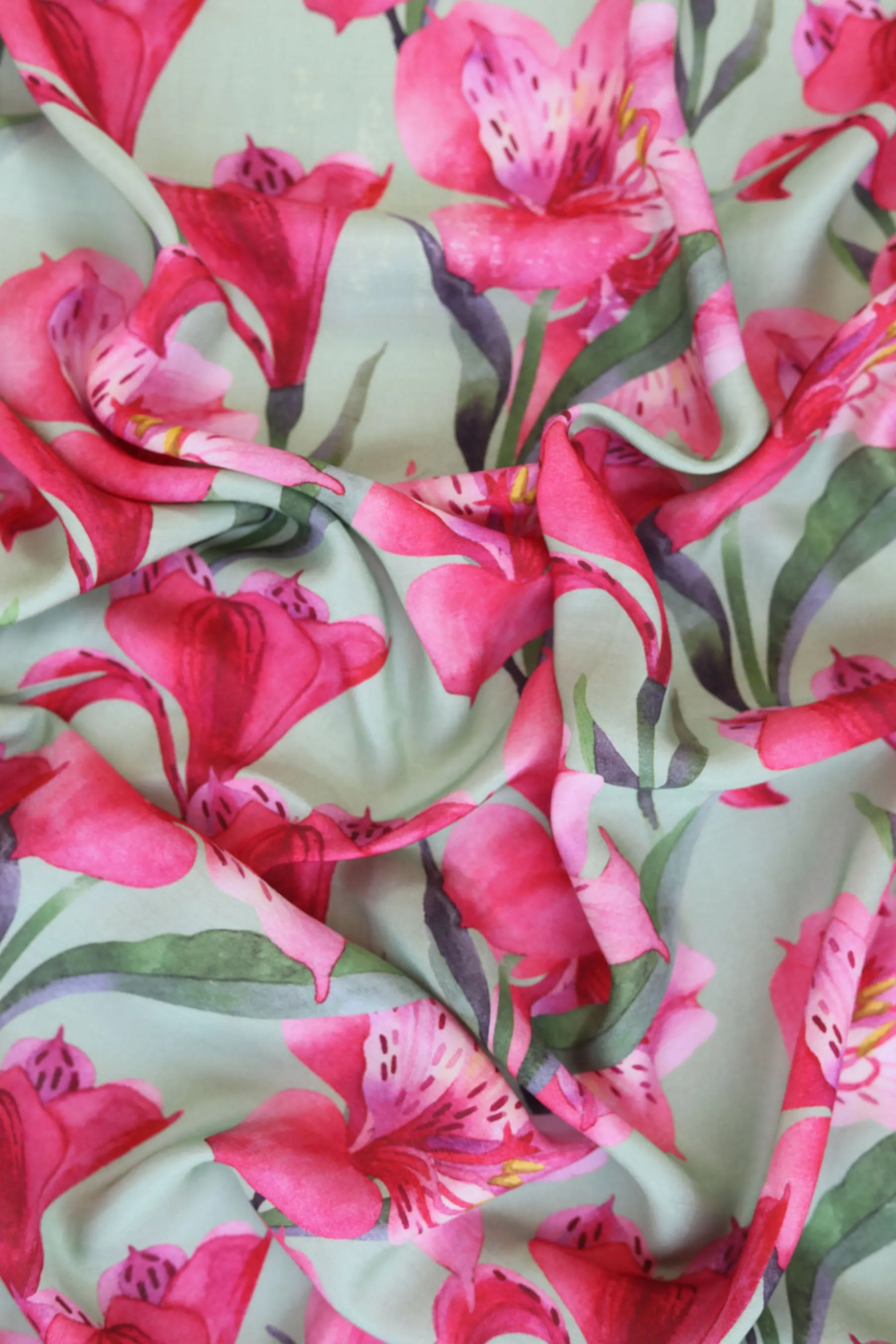 Green and Pink Lilies Pattern Printed Natural Muslin Silk Fabric