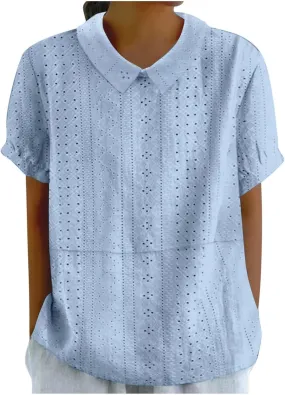 Linen Shirts for Women Summer Lightweight Short Sleeve Floral Tunics Cute Collared Tops Business Work Casual Blouses