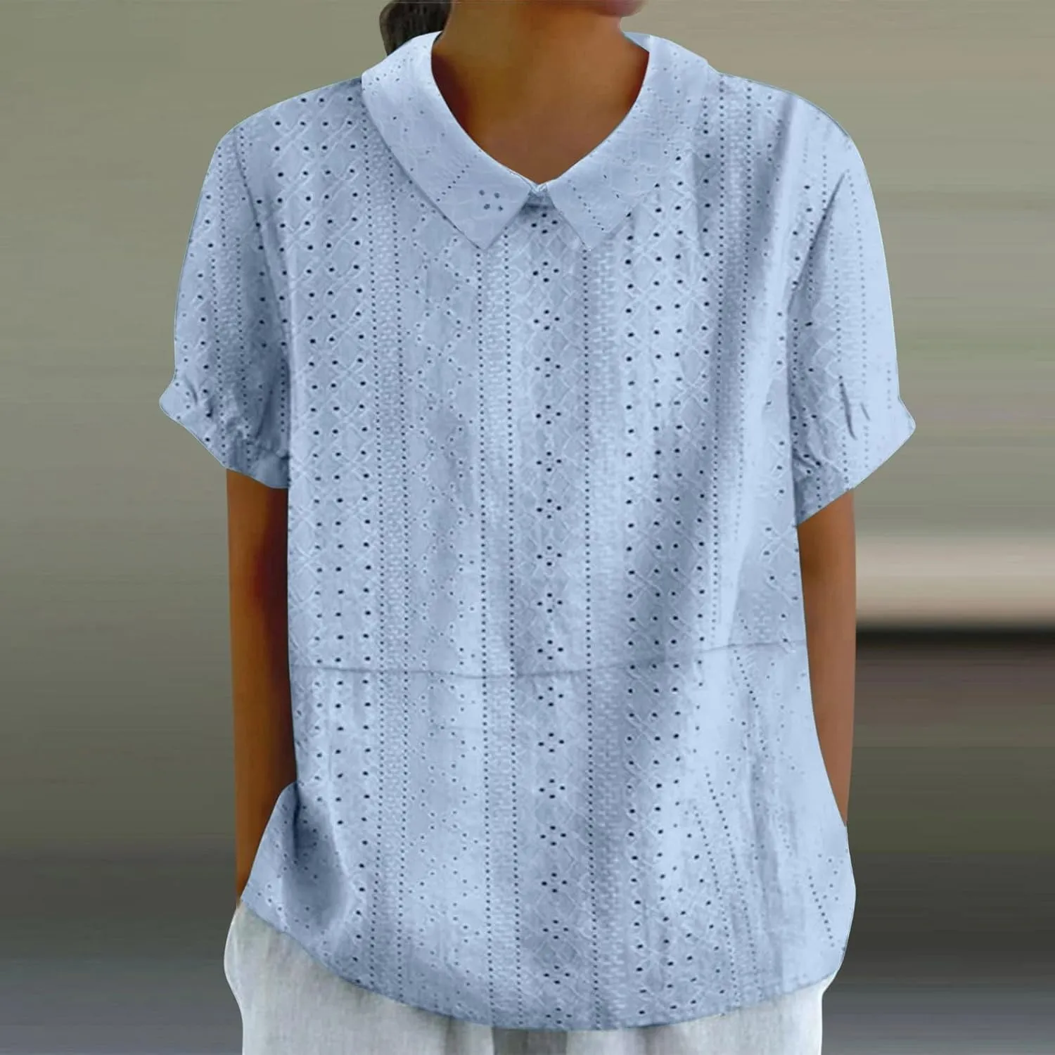 Linen Shirts for Women Summer Lightweight Short Sleeve Floral Tunics Cute Collared Tops Business Work Casual Blouses