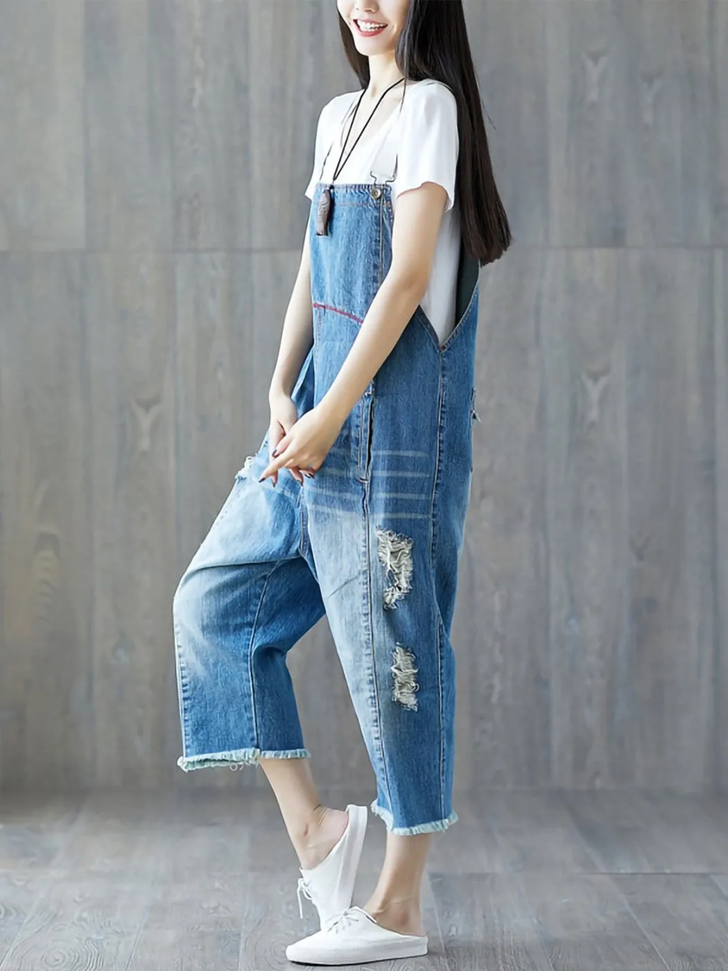 Loose Baggy Denim Wide Leg Print Distressed Jumpsuit Rompers Overalls