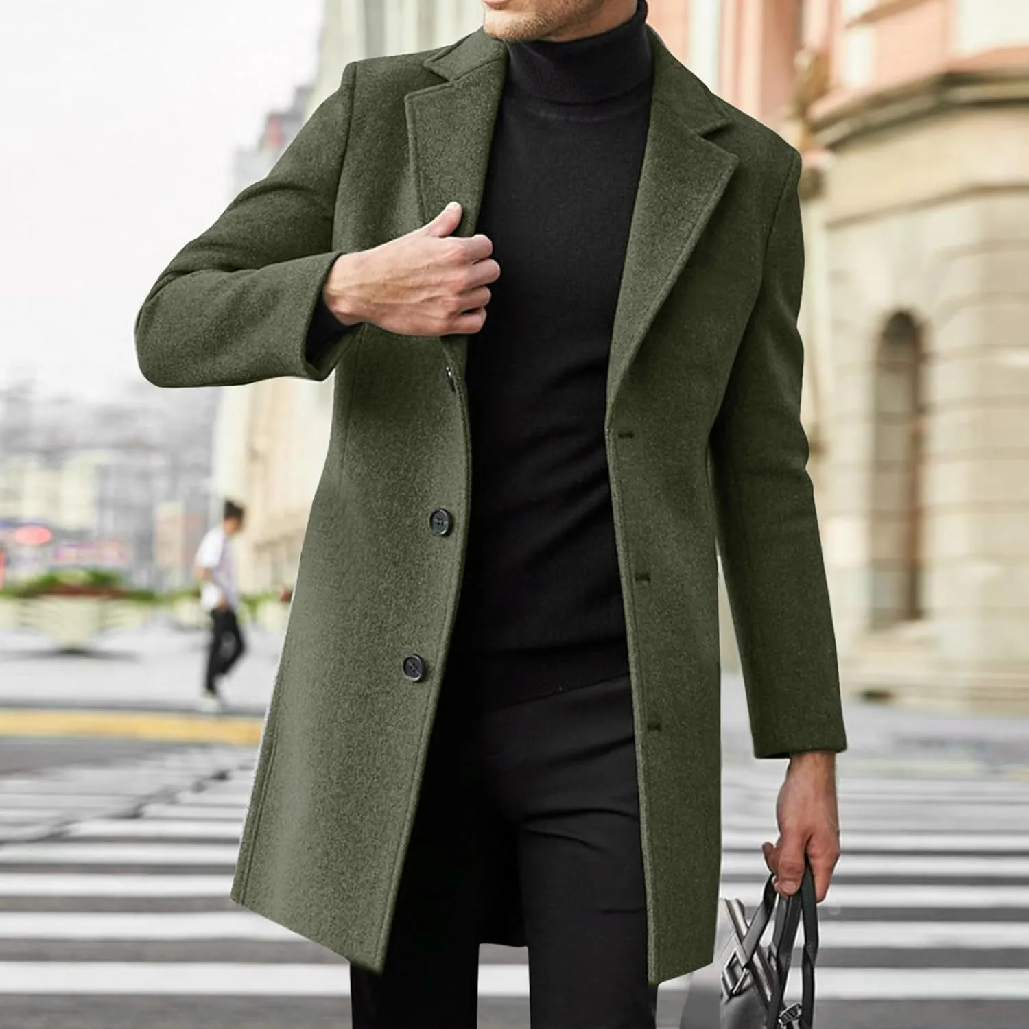 Mid Long Trench Coat for Men Casual Slim Fit Notche Collar Long Jacket Winter Warm Thick Windproof Overcoat Plus Size