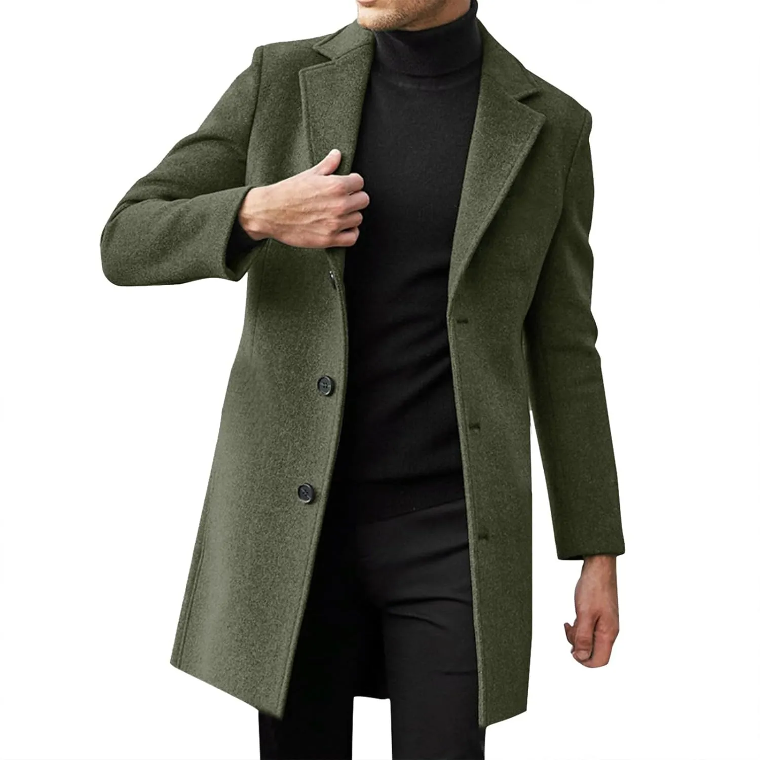 Mid Long Trench Coat for Men Casual Slim Fit Notche Collar Long Jacket Winter Warm Thick Windproof Overcoat Plus Size