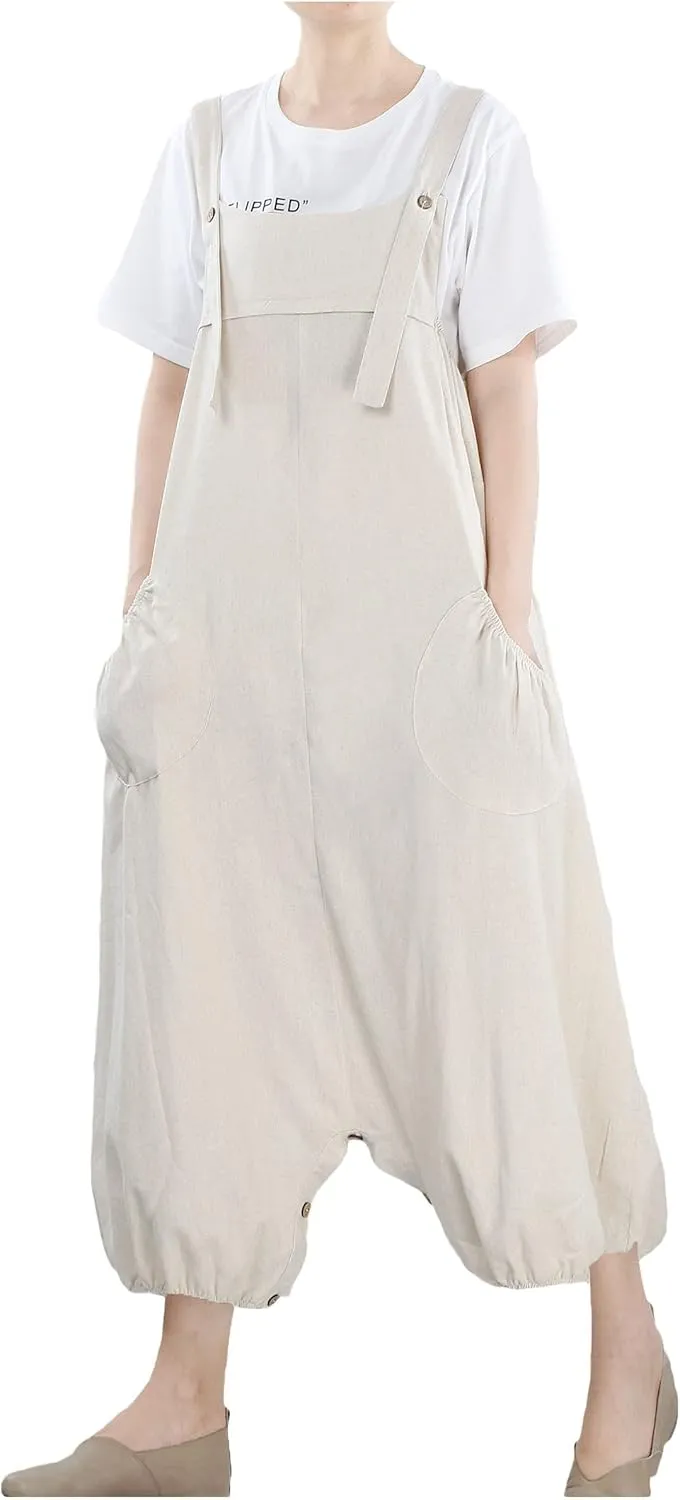 Minibee Womens Casual Loose Jumpsuit Long Baggy Bib Pants Wide Leg Rompers Cotton Overalls with Pockets