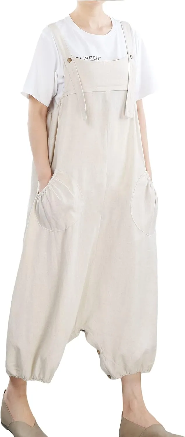 Minibee Womens Casual Loose Jumpsuit Long Baggy Bib Pants Wide Leg Rompers Cotton Overalls with Pockets
