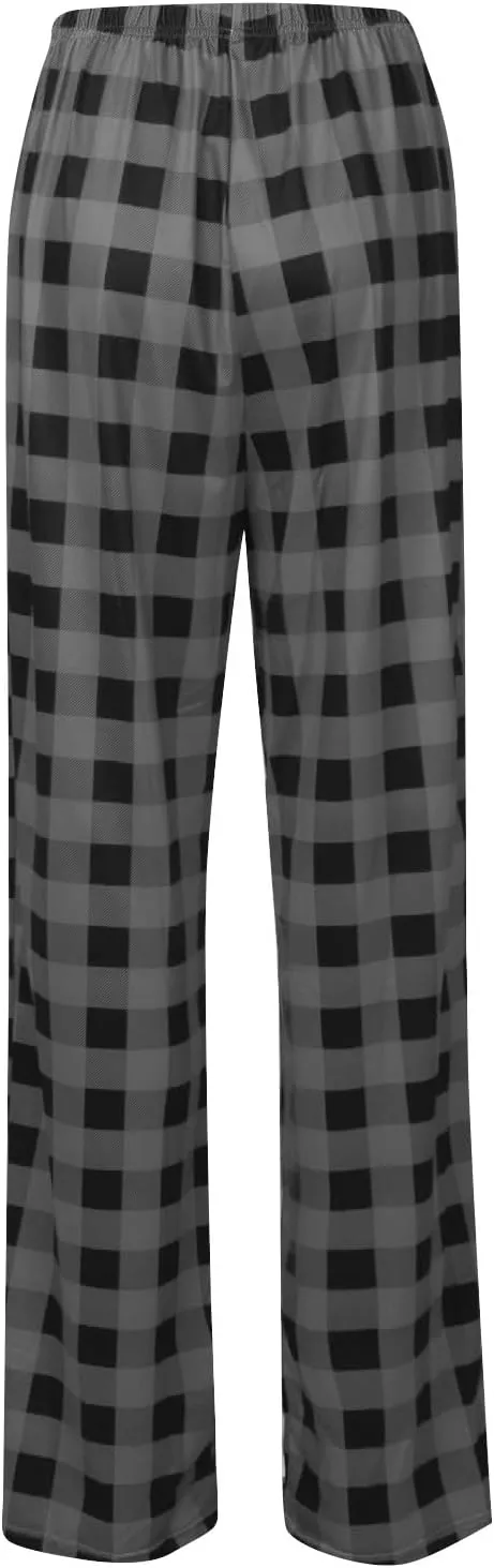 Pajama Pants Women High Wasited Wide Leg Pants Stretch Lounge Trousers Plaid Printing Palazzo Pajama Pants