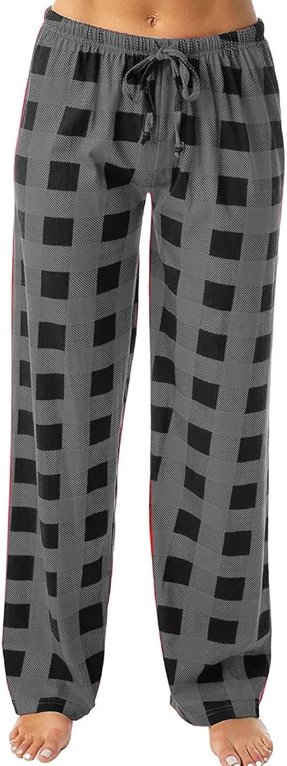 Pajama Pants Women High Wasited Wide Leg Pants Stretch Lounge Trousers Plaid Printing Palazzo Pajama Pants