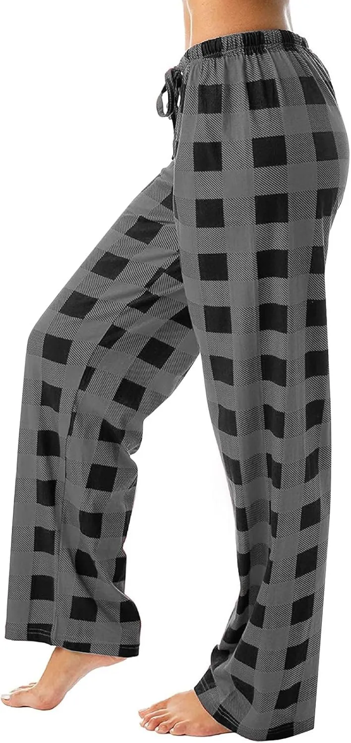 Pajama Pants Women High Wasited Wide Leg Pants Stretch Lounge Trousers Plaid Printing Palazzo Pajama Pants