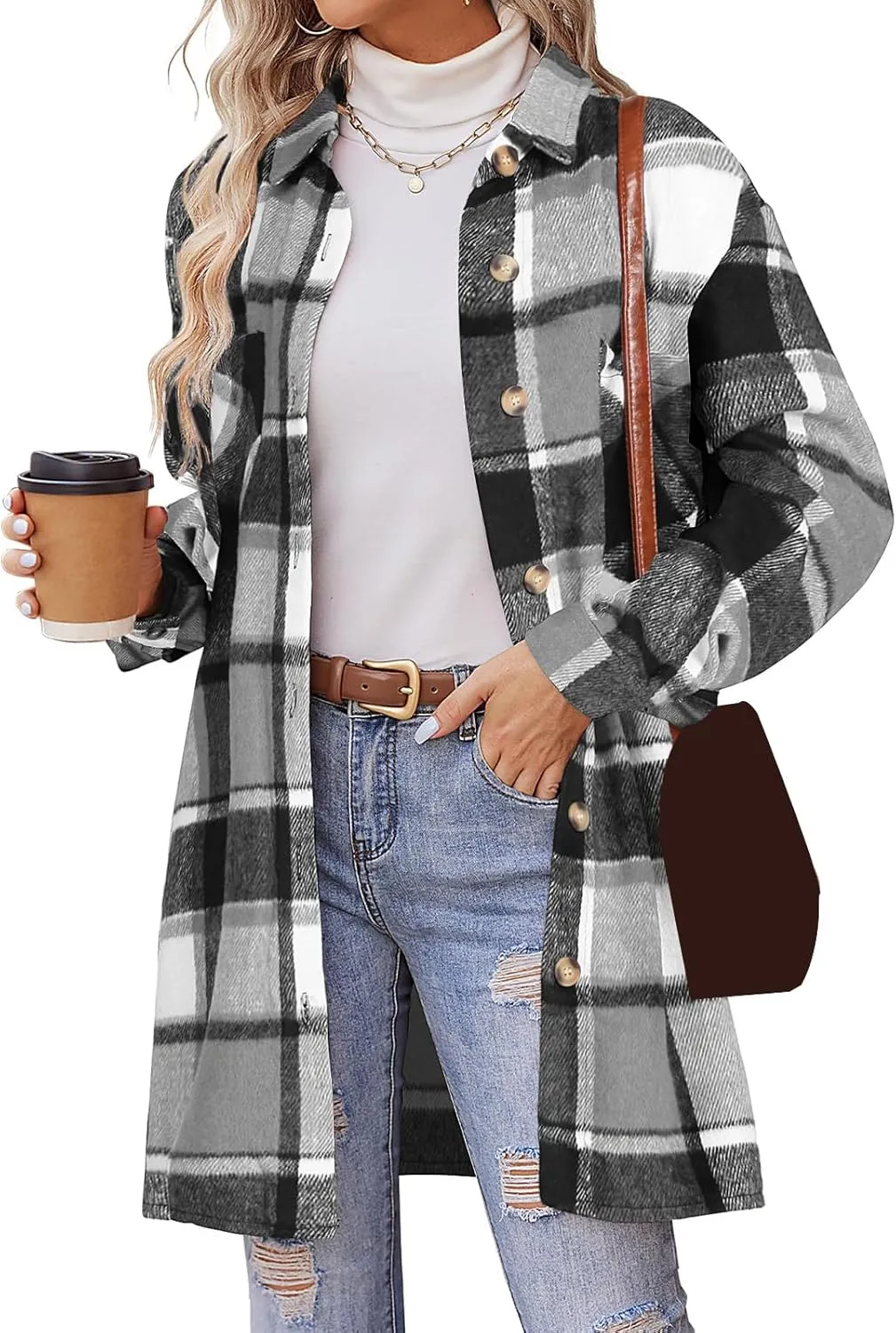 Plaid Shirts for Women Oversized Long Trench Coat Button Down Shirt Lightweight Long Sleeve Outerwear Winter Trendy