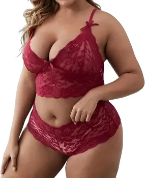 Plus Size Lingerie Set For Women Sexy Lace Bralette High Waist Panty Set Fishnet Stockings for Women