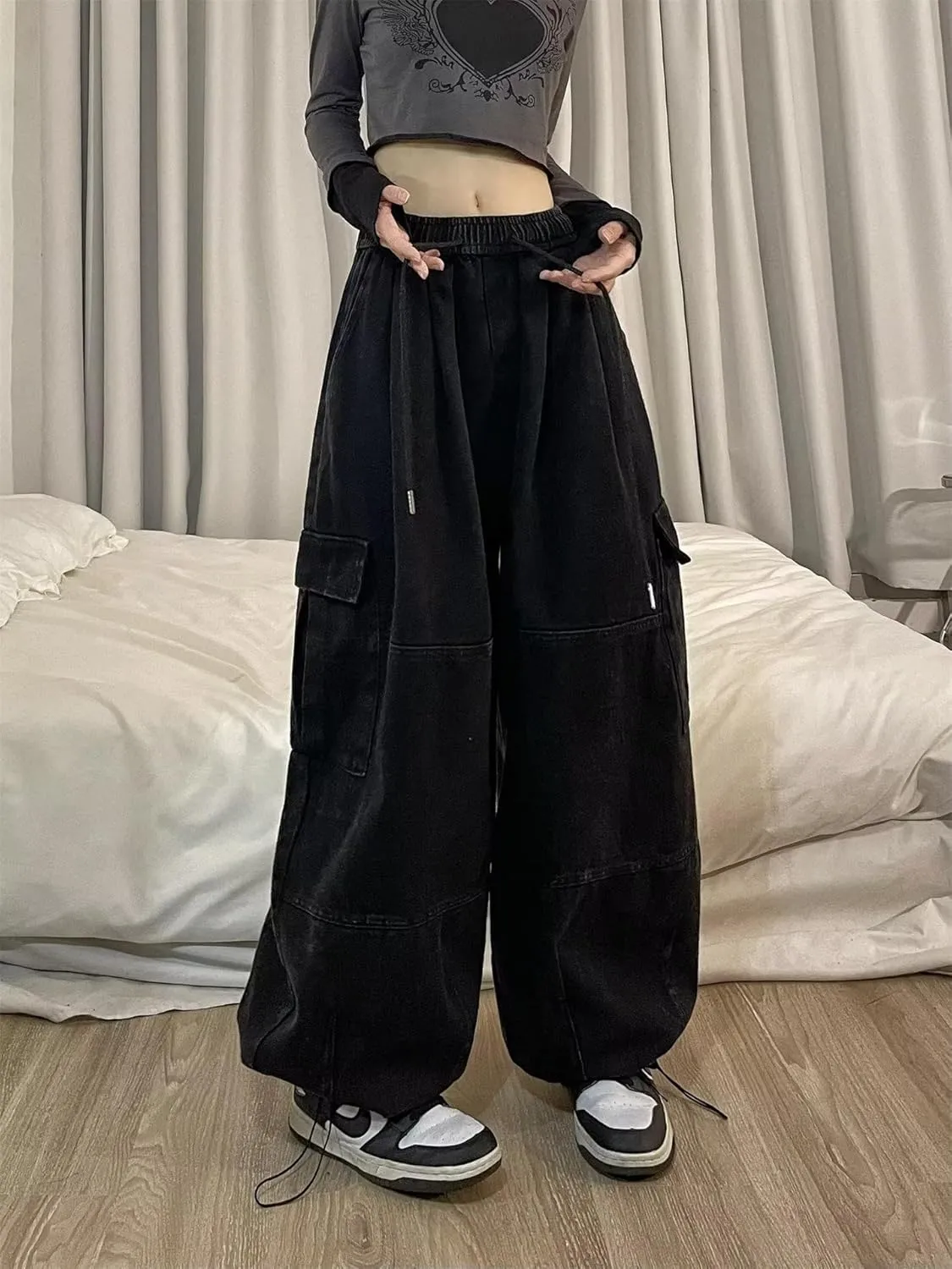 Pooyikoi Women's Baggy Cargo Pants Y2K Pants Multi-Pocket Pants Gothic Harajuku Baggy Wide-Leg Pants Oversized Streetwear