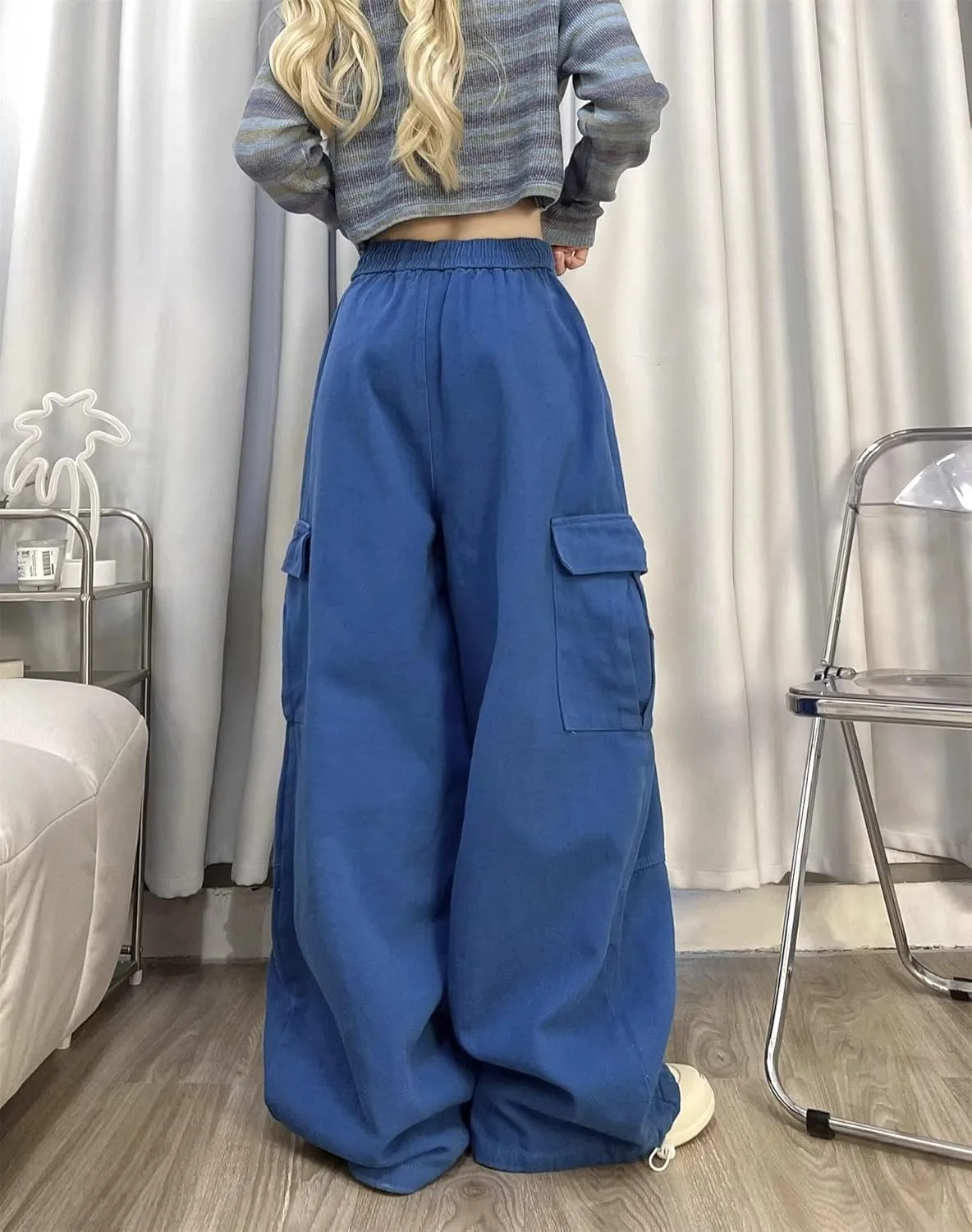 Pooyikoi Women's Baggy Cargo Pants Y2K Pants Multi-Pocket Pants Gothic Harajuku Baggy Wide-Leg Pants Oversized Streetwear
