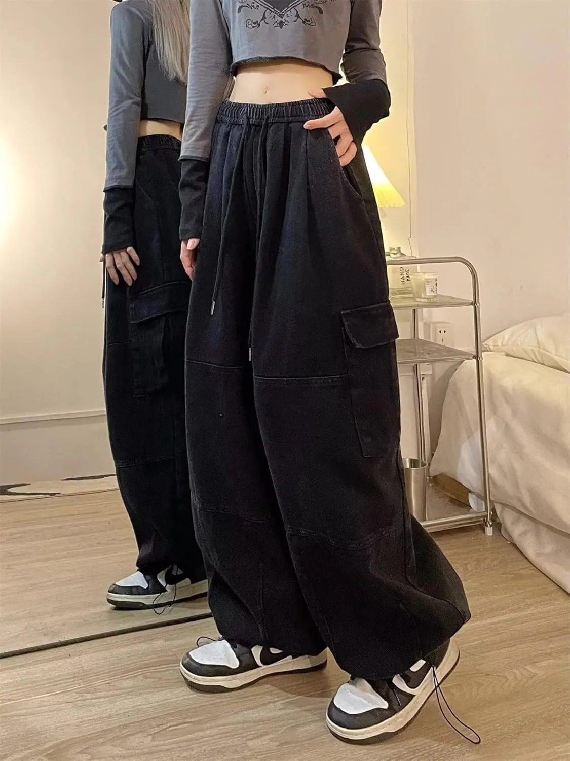 Pooyikoi Women's Baggy Cargo Pants Y2K Pants Multi-Pocket Pants Gothic Harajuku Baggy Wide-Leg Pants Oversized Streetwear