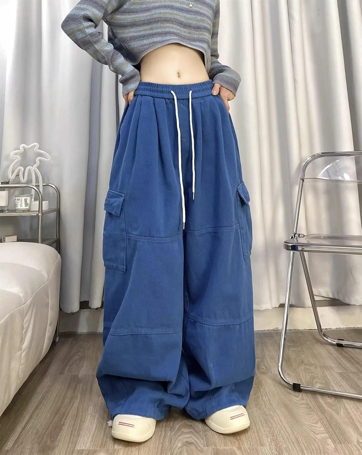 Pooyikoi Women's Baggy Cargo Pants Y2K Pants Multi-Pocket Pants Gothic Harajuku Baggy Wide-Leg Pants Oversized Streetwear