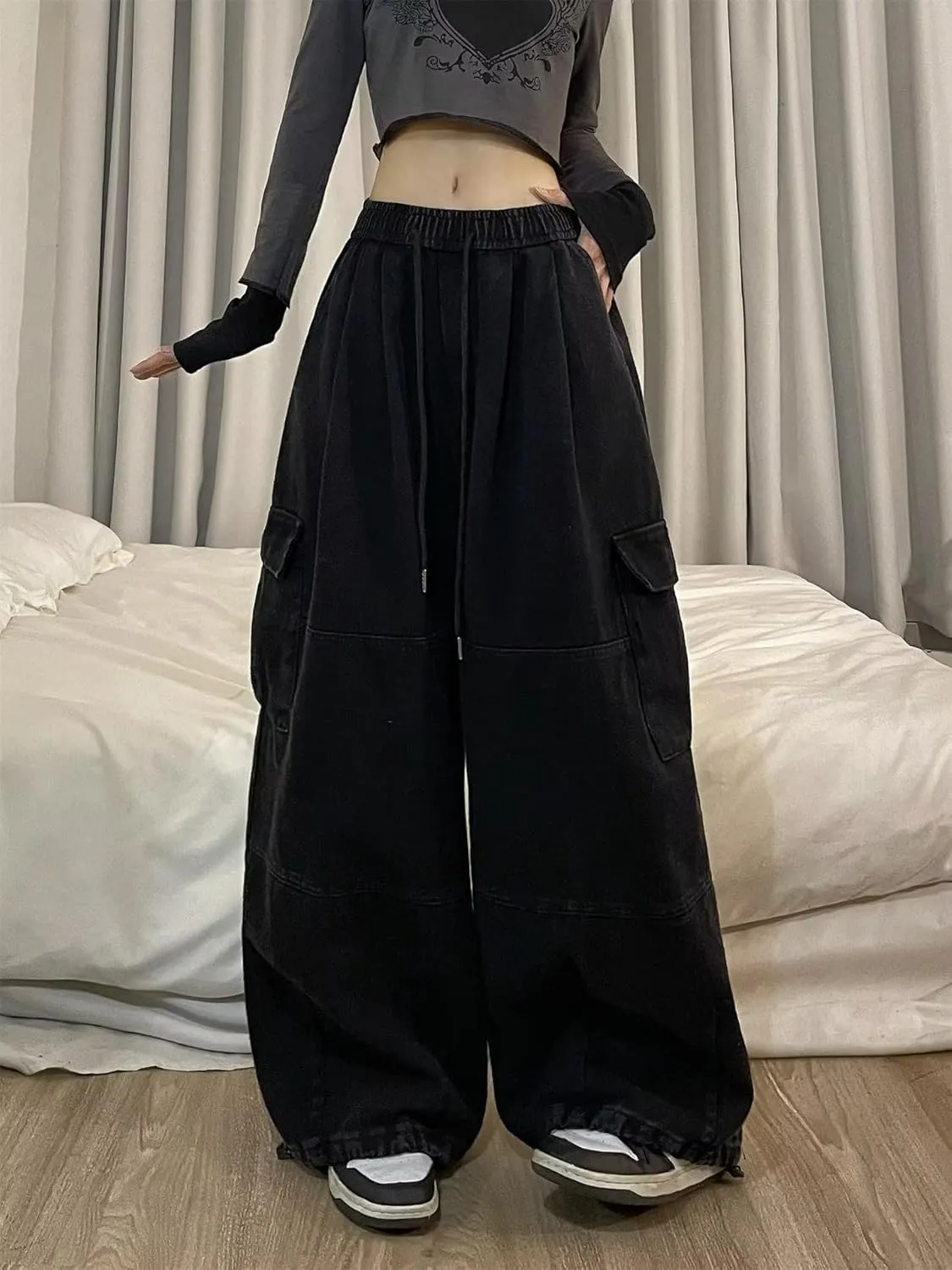 Pooyikoi Women's Baggy Cargo Pants Y2K Pants Multi-Pocket Pants Gothic Harajuku Baggy Wide-Leg Pants Oversized Streetwear