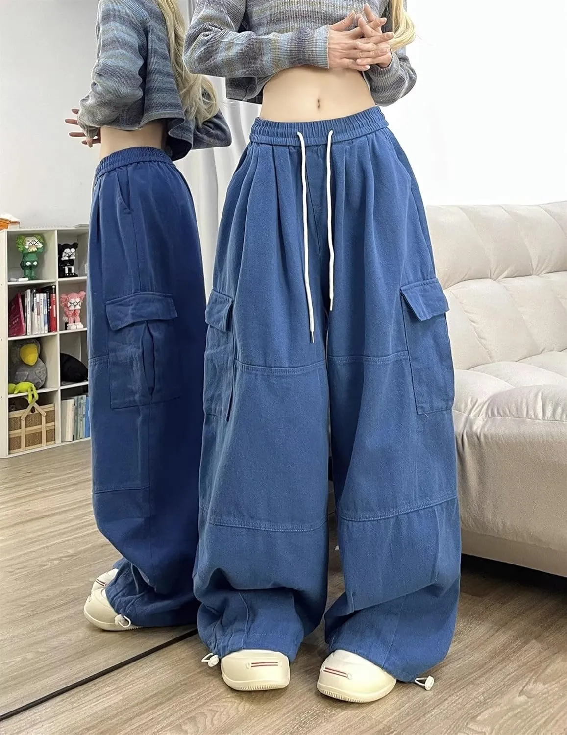 Pooyikoi Women's Baggy Cargo Pants Y2K Pants Multi-Pocket Pants Gothic Harajuku Baggy Wide-Leg Pants Oversized Streetwear