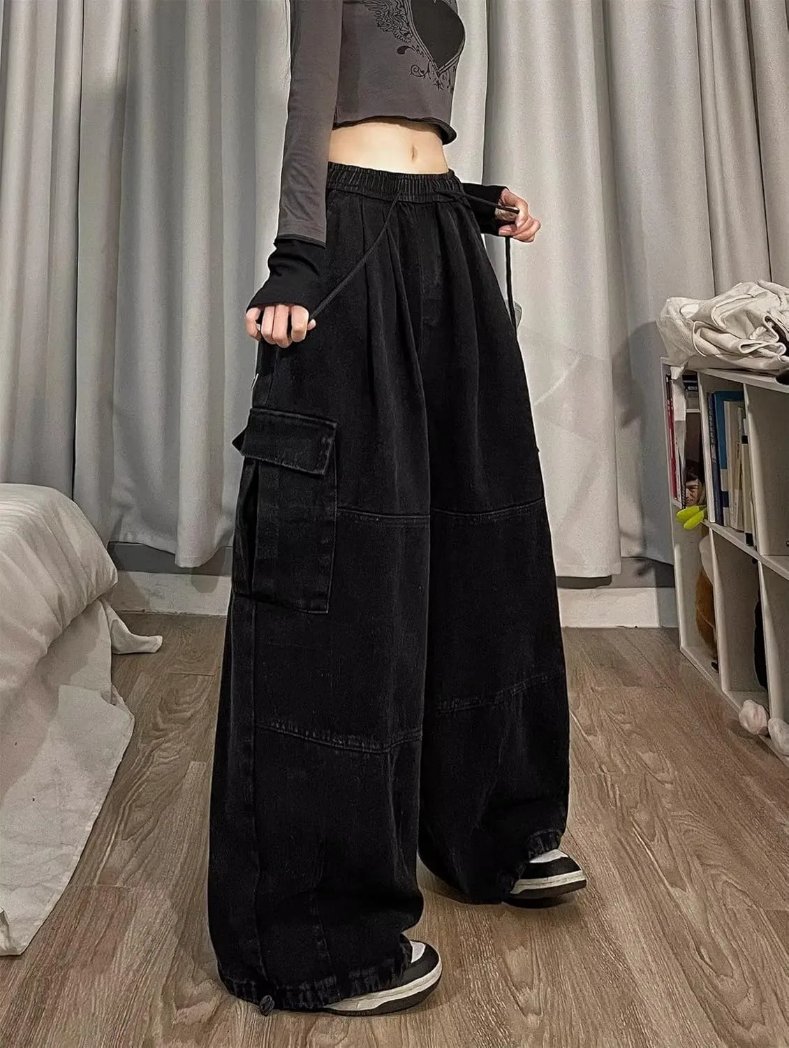 Pooyikoi Women's Baggy Cargo Pants Y2K Pants Multi-Pocket Pants Gothic Harajuku Baggy Wide-Leg Pants Oversized Streetwear