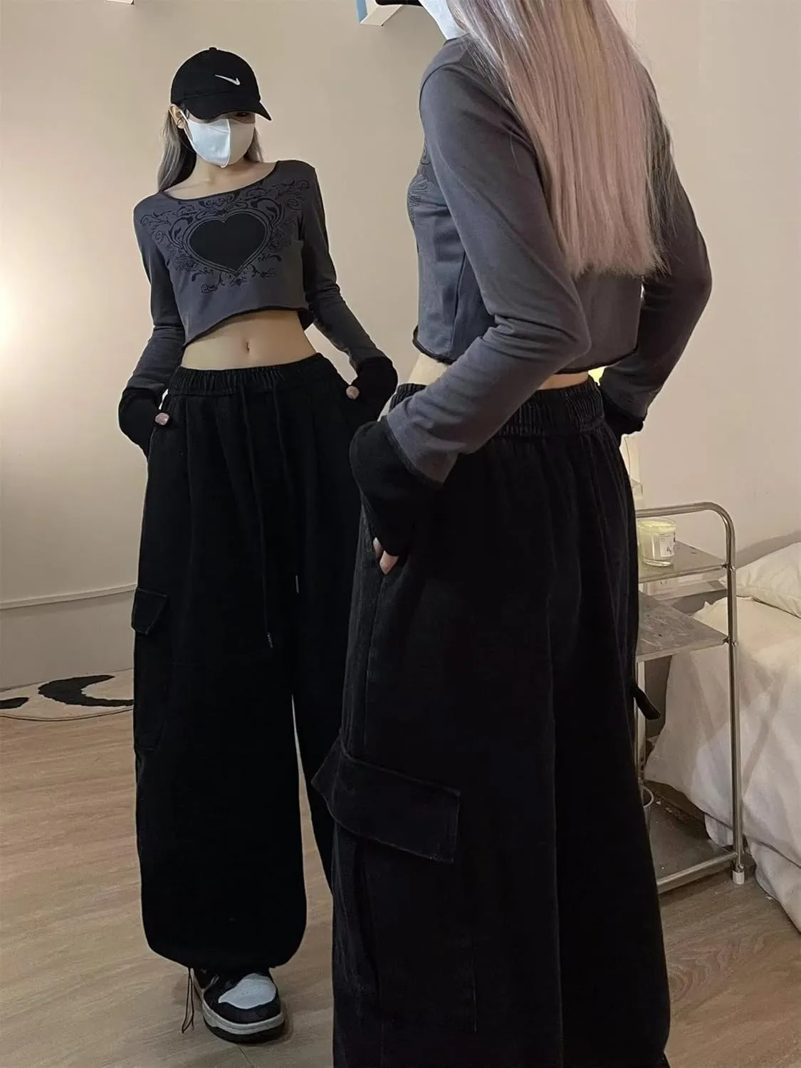 Pooyikoi Women's Baggy Cargo Pants Y2K Pants Multi-Pocket Pants Gothic Harajuku Baggy Wide-Leg Pants Oversized Streetwear