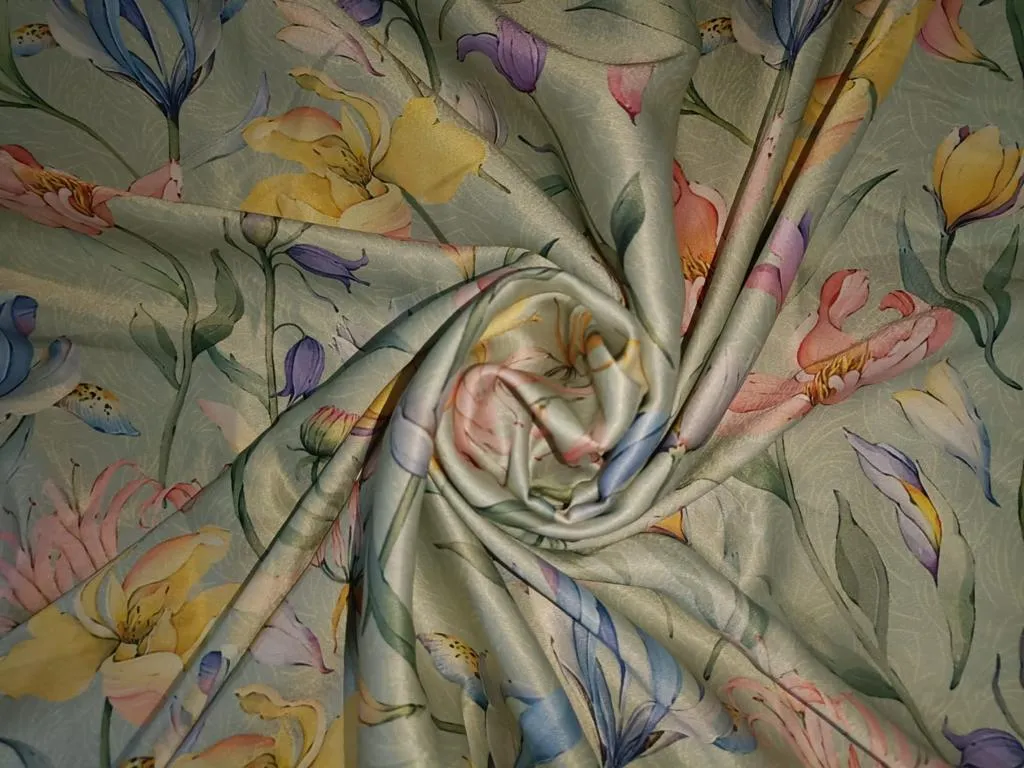 Satin fabric Floral print 54" wide available in three colors pink/yellow/green