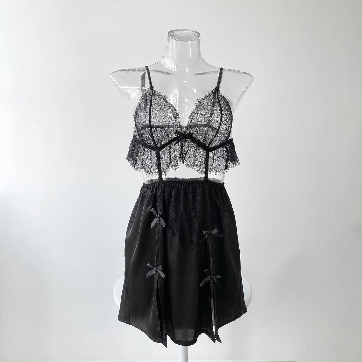 Sexy Lingerie for Women Deep V Lace Suspender Skirt Stitching Translucent Satin Pajamas Thong