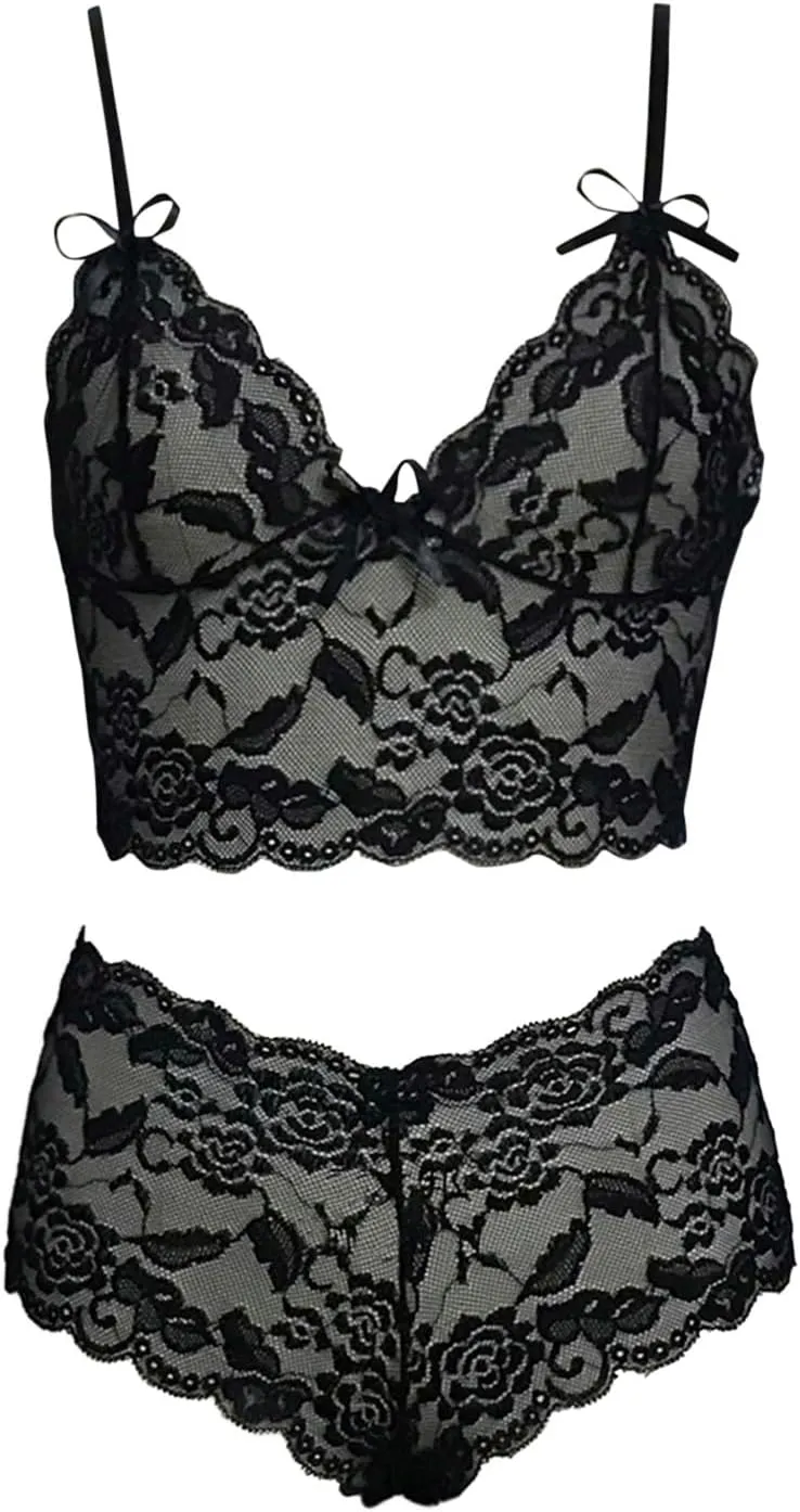 Sexy Sheer Floral Lace Pajamas Lingerie Set High Waist Bra and Panty 2 Piece Lingerie Sets for Women Sexy Plus Size
