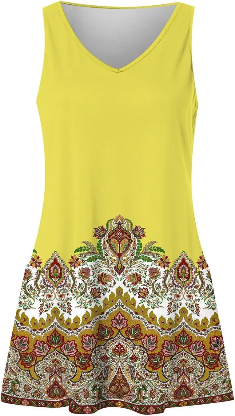 SGASY Beach Dresses for Women 2024 Vacation Boho Printed Casual Sundress Summer Sleeveless Loose Dress with Pockets