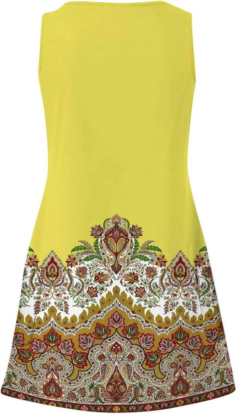 SGASY Beach Dresses for Women 2024 Vacation Boho Printed Casual Sundress Summer Sleeveless Loose Dress with Pockets