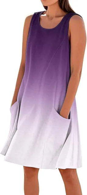 Summer Dresses for Women Sleeveless Sundress Printed Round Neck Tank Dress Loose Beach Vacation Dress with Pockets