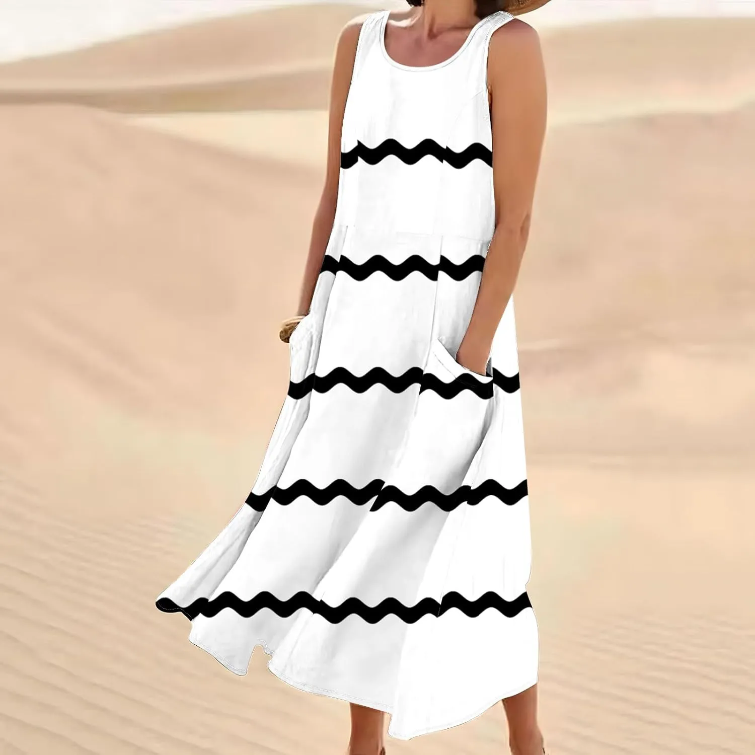 Sundresses for Women 2024 Trendy Sleeveless Printed Loose Fit Ankle Length Dresses Round Neck Flowy Long Dresses