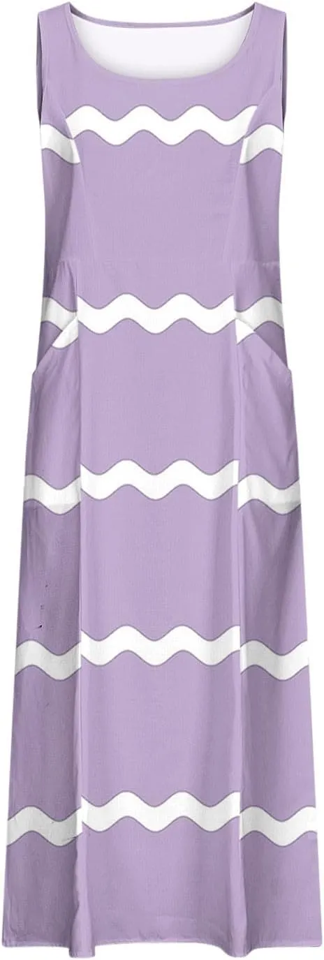 Sundresses for Women 2024 Trendy Sleeveless Printed Loose Fit Ankle Length Dresses Round Neck Flowy Long Dresses