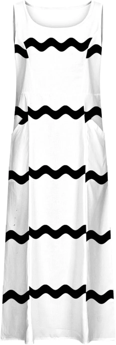 Sundresses for Women 2024 Trendy Sleeveless Printed Loose Fit Ankle Length Dresses Round Neck Flowy Long Dresses
